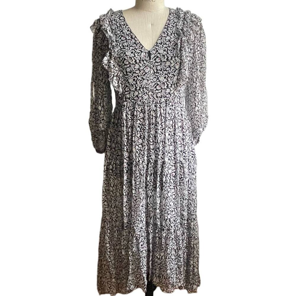 joie 100% Silk Ruffle Midi Prairie Dress in Black & White Size Medium